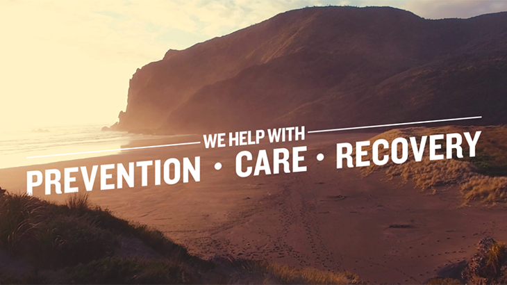 Image of a beach with the words We help with Prevention, Care & Recovery