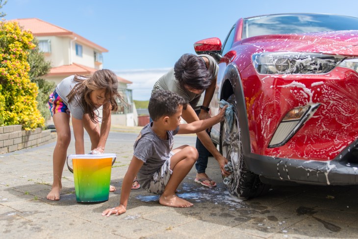 Family washes car