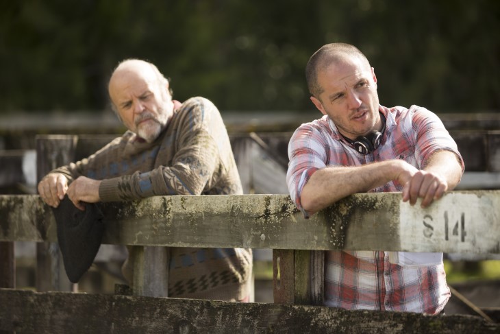 Hamish Bennett directs an actor on the farm set of 'Bellbird'