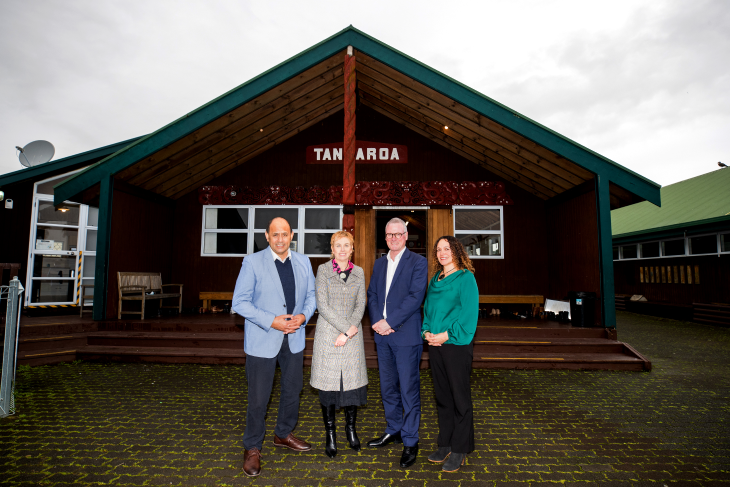 Minister Willie Jackson and CEO Megan Main pose for a photo with Michelle Murray and Board Chair Ste