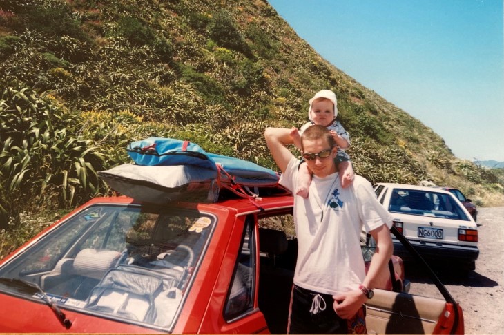 A young James with Maia on his shoulders