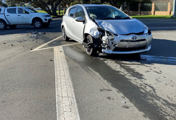 James' daughter's wreck car sits in an intersection