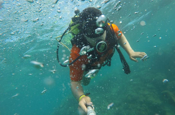 A diver takes an underwater selfie