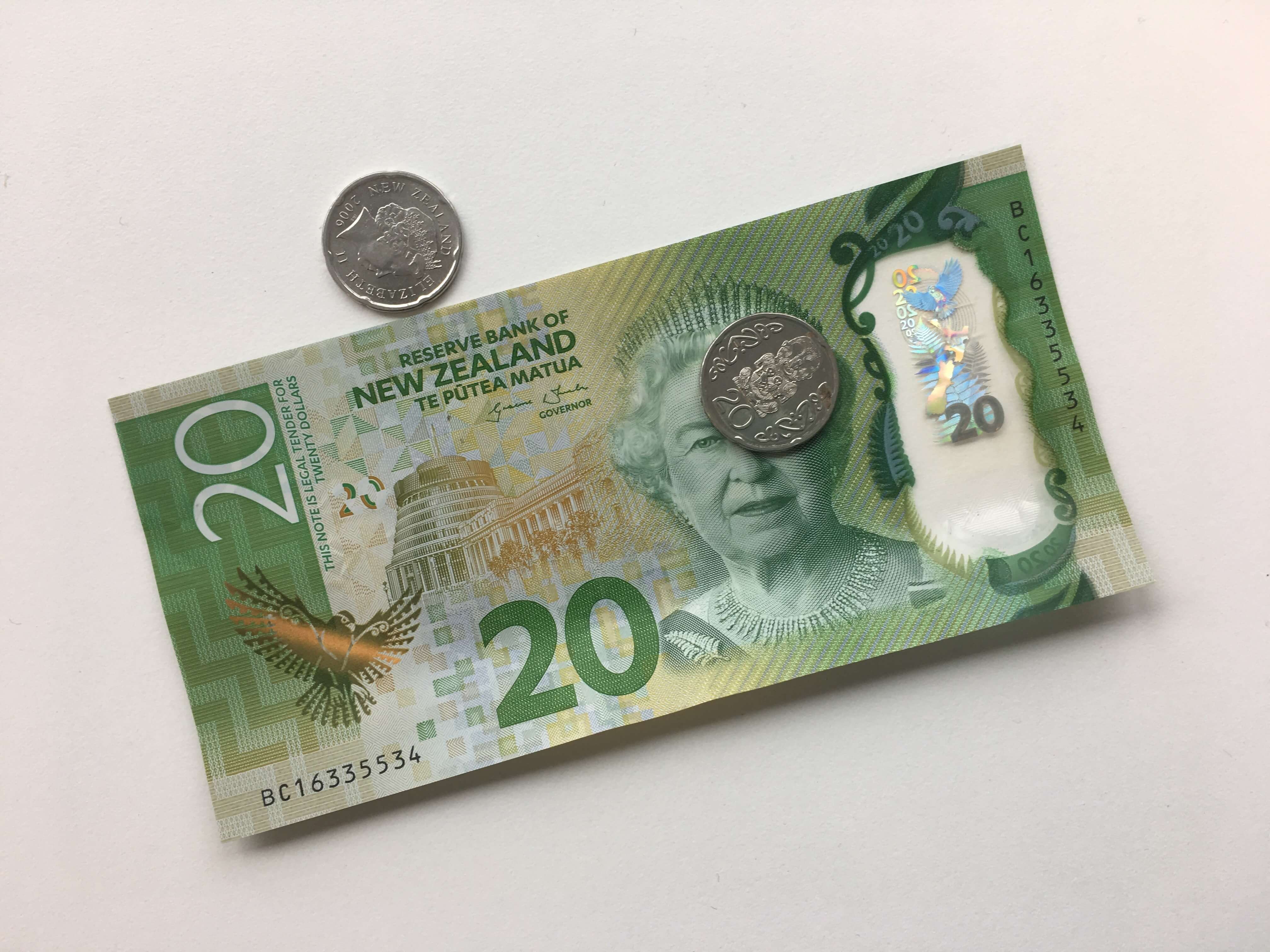 Two twenty cent coins lie on a twenty dollar note