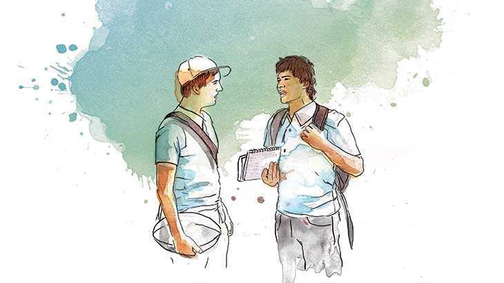 Mates and Dates graphic of two schoolboys talking