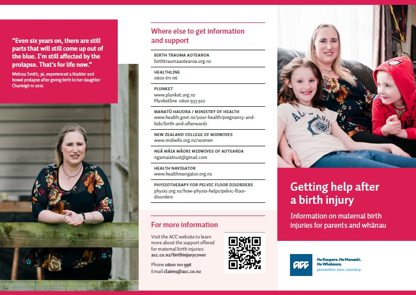 Cover and back pages of the maternal birth injuries parents brochure