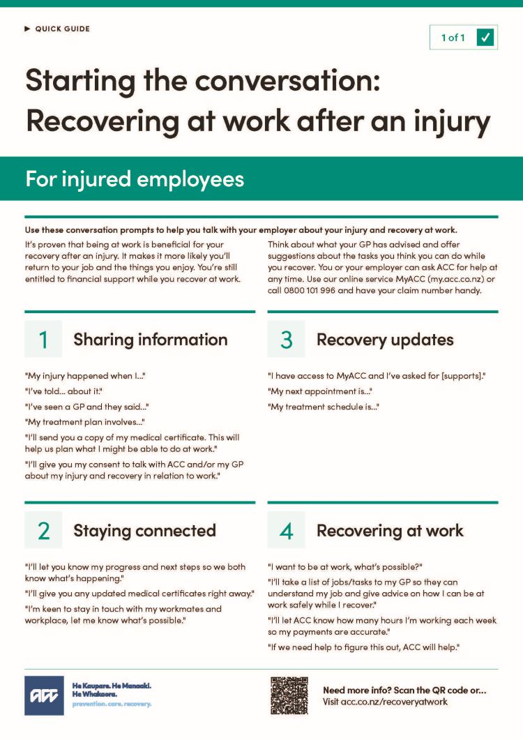 Page 1 of conversation guide for injured employees
