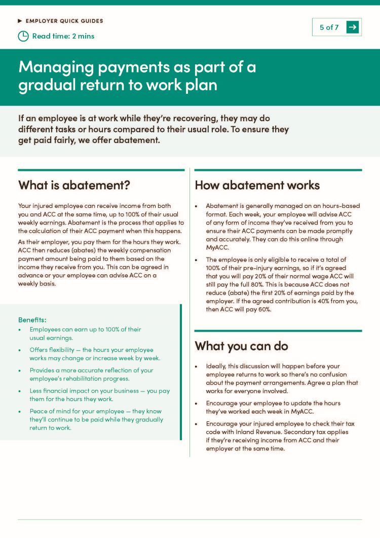 Page 1 of managing payments of gradual return to work plan quick guide