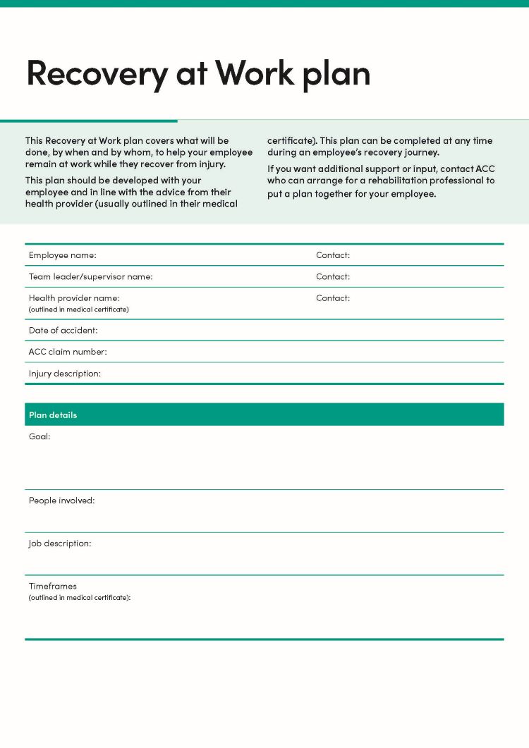 Page 1 of recovery at work plan template quick guide