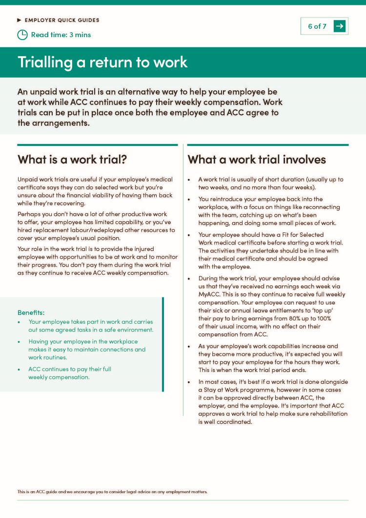 Page 1 of trialling a return to work quick guide