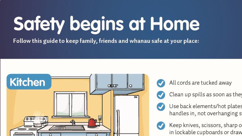 Safety begins at home text with graphic of a kitchen