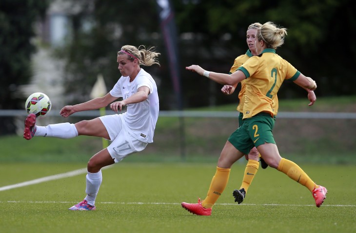 Hannah Wilkinson controls the ball for the Football Ferns in a friendly match against Australia. 