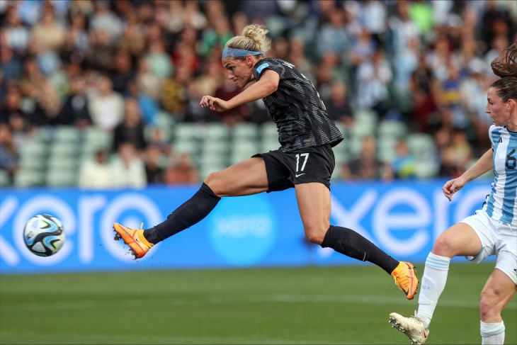 Hannah Wilkinson has a shot at goal for the Football Ferns in a pre-World Cup match against Argentina.
