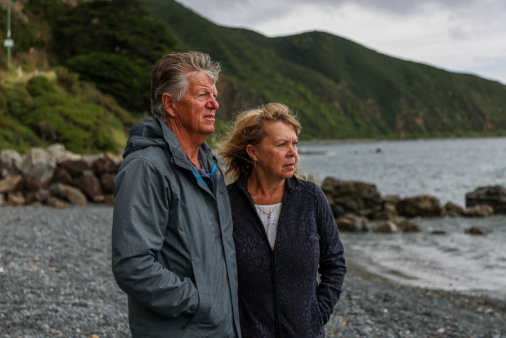 Karen Skellett and Mark Wallis stand on the shoreline at Eastbourne and look toward the sea