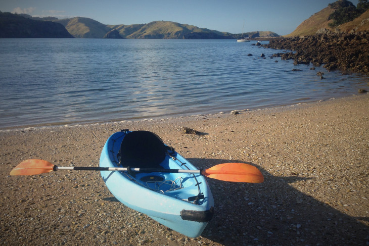 A blue kayak on the side of a lake