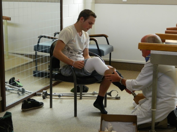 Mitch getting his prosthetic leg fitted.
