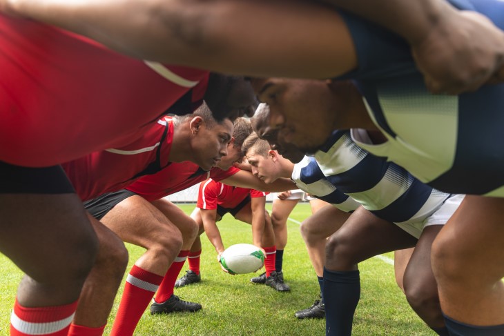 Rugby scrum Rugby players preparing for a scrum