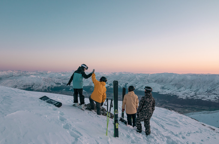 Snowboarders view of The Remarkables at sunset
