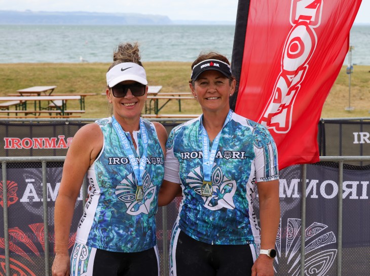 amanda hita 1 Amanda Hita with training partner and friend Lisa Chittick after IronMāori, posing with their medals