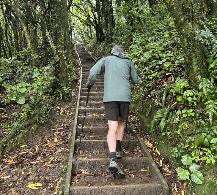 Andrew Leslie walking up a long set of stairs on Mt Kaukau.