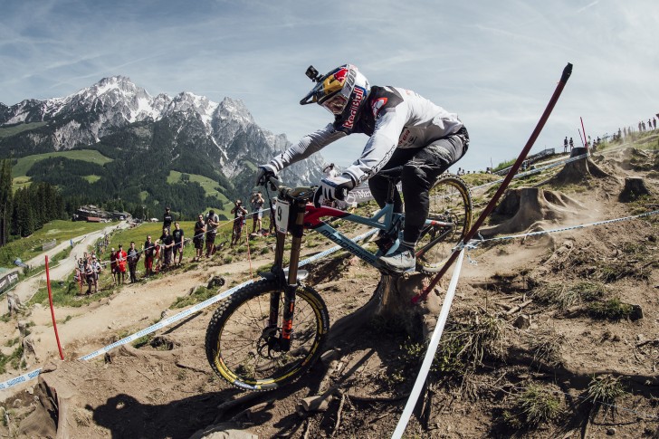 Brook Macdonald riding down a mountain during a competition.