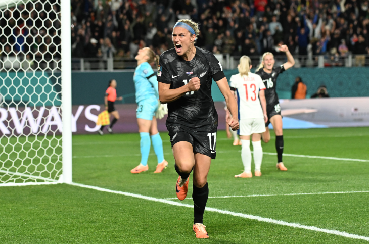 Striker Hannah Wilkinson celebrates after scoring for the Football Ferns against Norway at the FIFA 
