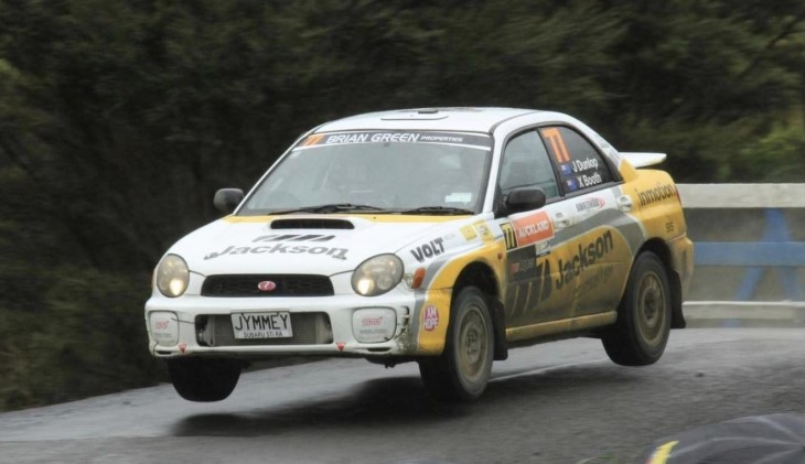 A front-on photo of James Dunlop's rally car being driven during an event. 