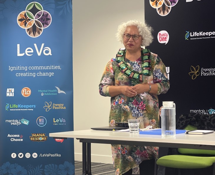 Liz Tanielu, Chief Advisor (Pacific) for Te Puna Aonui, speaks at a Le Va hui.