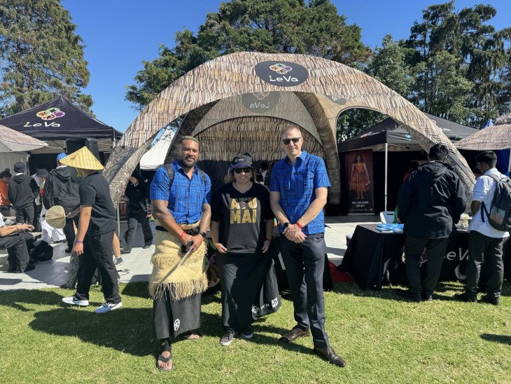 Le Va General Manager Dr Elizabeth Mati, centre, at Polyfest 2024 with ACC Regional Injury Prevention Partner Tux Cocker, left. and Deputy Chief Executive of Strategy, Engagement and Planning Andy Milne.