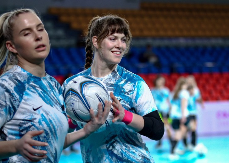MacKenzie Falco warming up before playing a futsal game.