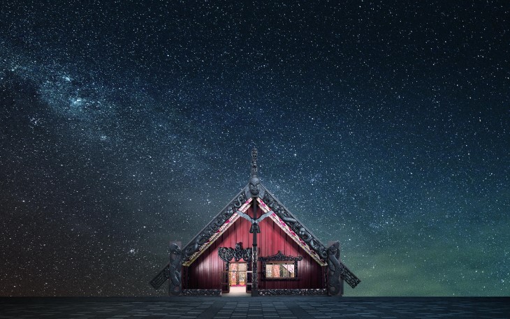 A Matariki-themed image showing a Māori whare in front of a stunning star-filled night sky. 