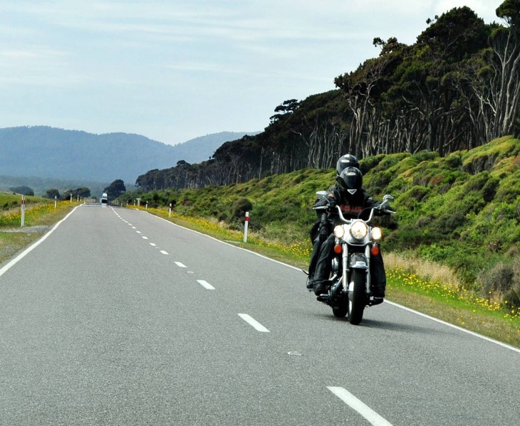 A motorcyclist and a passenger riding along the road.