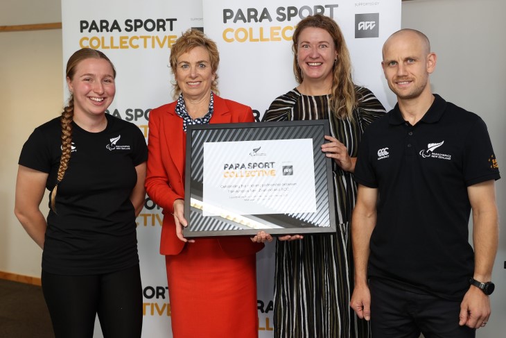 ACC CEO Megan Main with Paralympics NZ CEO Fiona Allan, Para athlete Siobhan Terry and Para cycling coach Jack Cooper.