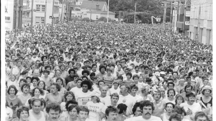 Crowds of people pack the street for Round the Bays Auckland a long time ago