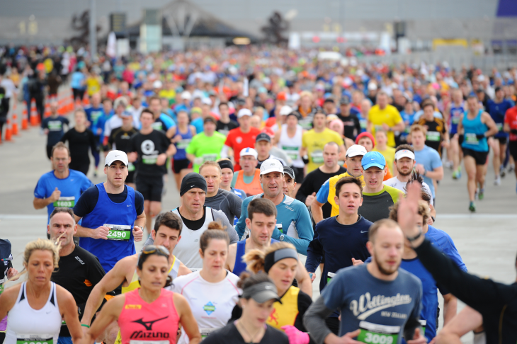 A large crowd of runners set off at the start of the Wellington Marathon.