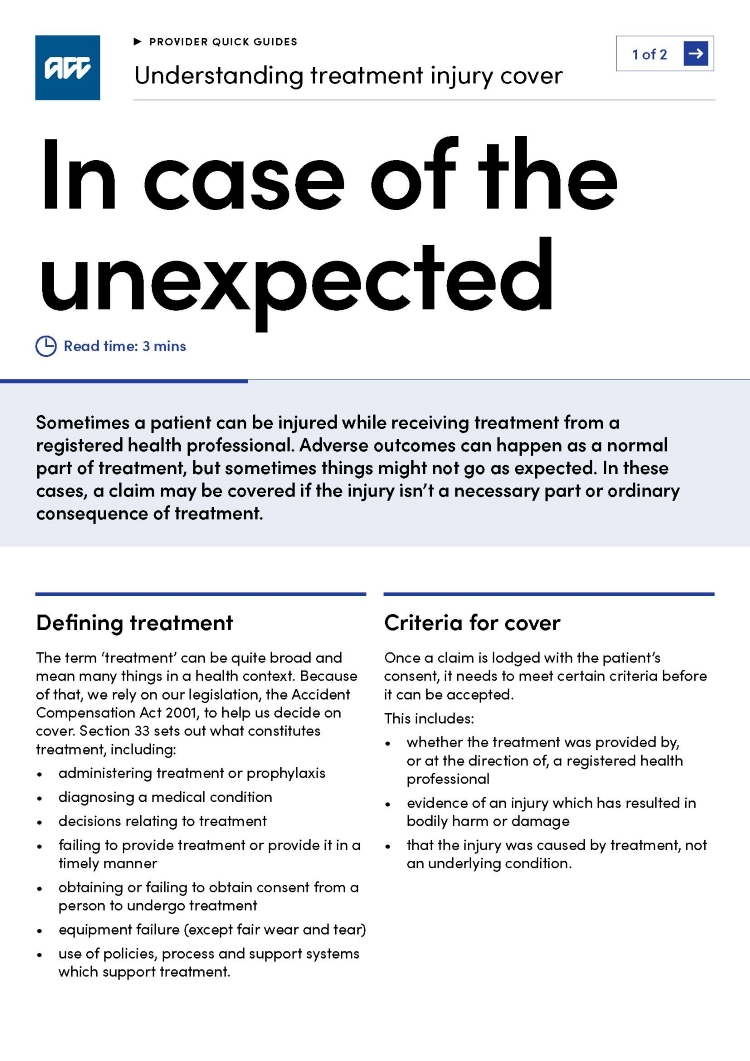 Treatment injury cover quick guide front page