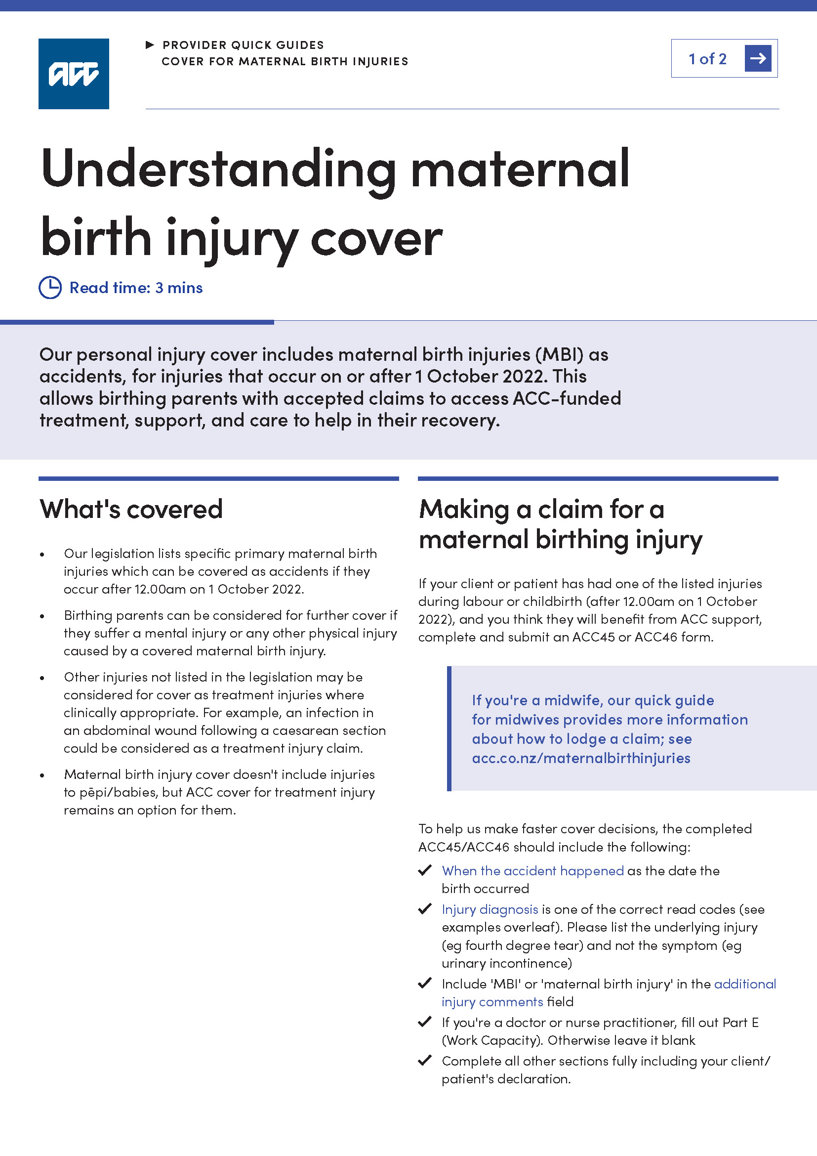 Front cover of provider maternal birth injury quick guide